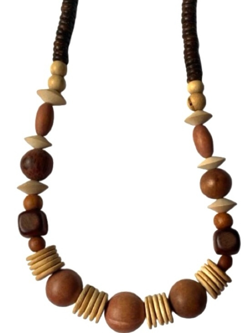 Statement Chunky Wood And Coconut Shell Bead Necklace Bohemian Tribal Brown